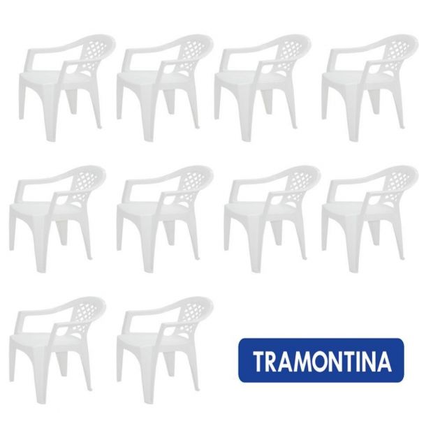 Cadeira Plástica com Braço Poltrona Tramontina Branca 10 Unidades