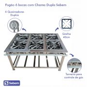 Fogão 6 Bocas Total Inox Industrial Profissional Restaurante Chama Dupla Baixa Pressão 40x40 Sebem
