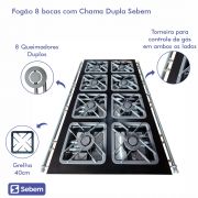 Fogão Industrial Profissional Grande Alta Potencia 8 Bocas Queimadores Duplos Ferro Fundido Sebem