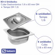 Kit 6 Cubas 1/6x65MM Com Tampa em Inox de  Alta Qualidade Uso Profissional Sebem