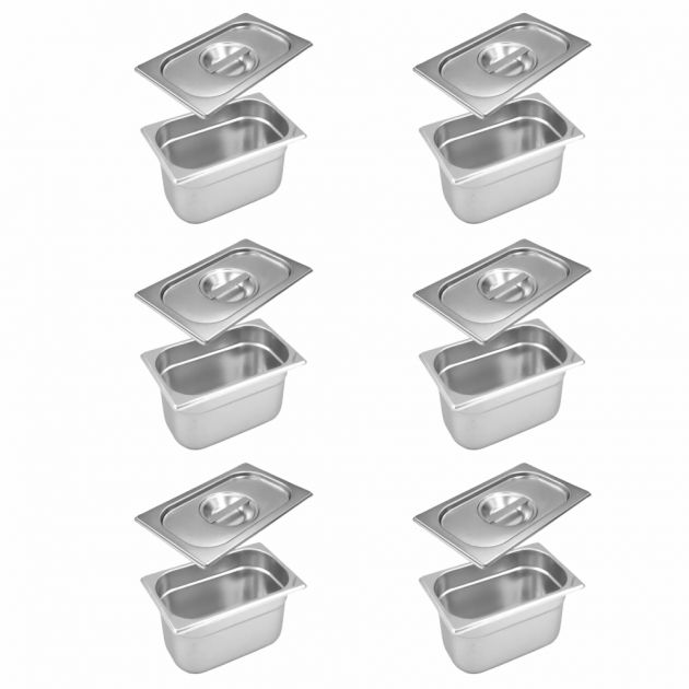 Kit 6 Cubas GN 1/4X100MM Com Tampa Inox Alta Qualidade Uso Profissional