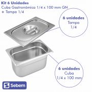 Kit 6 Cubas GN 1/4X100MM Com Tampa Inox Alta Qualidade Uso Profissional