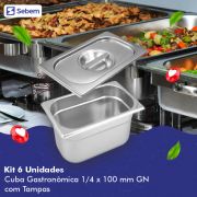 Kit 6 Cubas GN 1/4X100MM Com Tampa Inox Alta Qualidade Uso Profissional