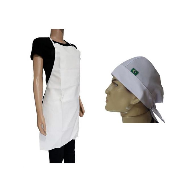 Kit Uniforme Pizzaria e Açougue Avental e Touca Fácil Lavagem Branco Ou Preto