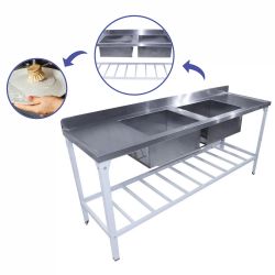 Mesa com 2 Tanques Cubas Pia Inox Cozinha Industrial Restaurante Hamburgueira Com Paneleiro 2 Metros